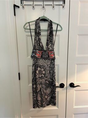 NWT Vivienne Tam Black & Gray Halter Paisley Dress with Red Embroidered Accent